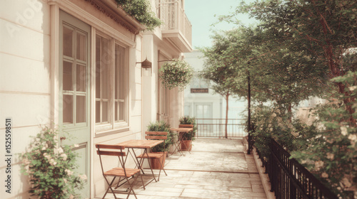 charming europeanstyle street caf featuring rustic wooden furniture empty table set for one surrounded by photo