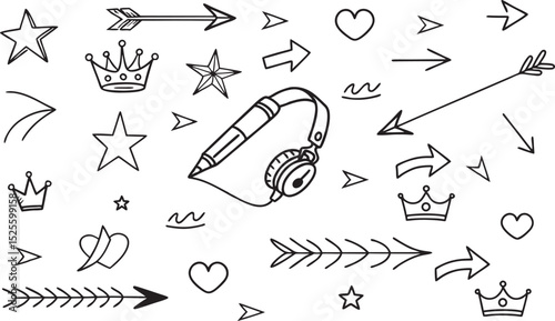 A collection of hand-drawn doodles including arrows, stars, crowns, hearts, and headphones, perfect for adding a touch of whimsy to your designs or projects.