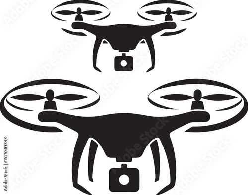 A captivating illustration showcasing two distinct drone designs, each meticulously detailed with propellers and a centrally positioned camera, against a stark white backdrop.