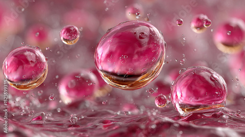 Pink cosmetic gel drops set isolated on transparent background. Vector realistic illustration of liquid serum, skin care cream, beauty oil lotion, abstract droplets with glossy surface, fluid swatch
