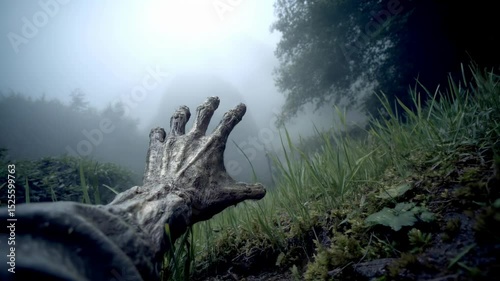 Decayed Hand Reaching Through Misty Grass in Horror Scene
