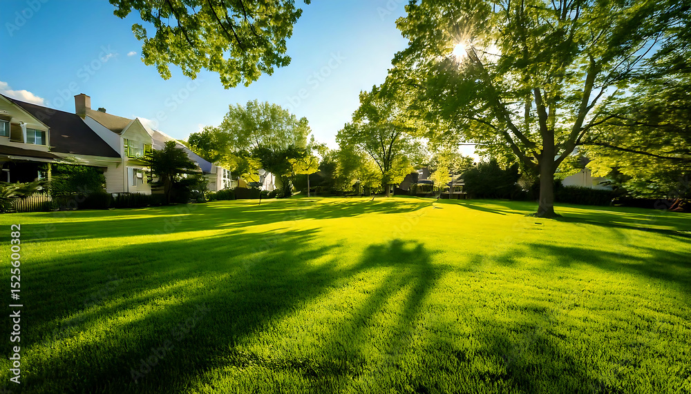 Naklejka premium Sun-drenched suburban scene. Lush green lawn with long tree shadows, showcasing idyllic homes under a vibrant blue sky. Perfect for real estate, home insurance, or lifestyle projects.