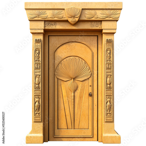Ancient Egyptian Inspired Door Design in Yellow Sandstone with Intricate Floral Motifs and Hieroglyphs Symbolizing History and Culture