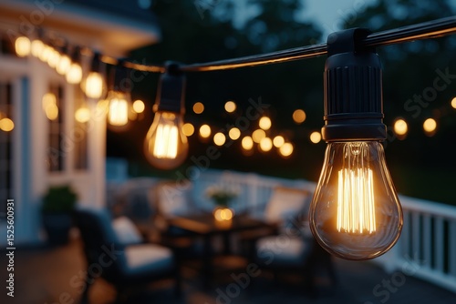 Glowing string lights illuminating backyard patio at dusk
