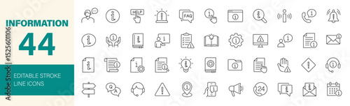 Information icon set. Containing info, help, inform, support, news, instruction, customer service, notice, manual, rule, guide, reference and more. Editable line icons. Vector illustration.