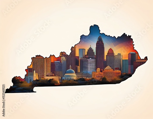 Kentucky state map  filled with a colorful cityscape at sunset. The artistic image combines geography with an urban scene.
