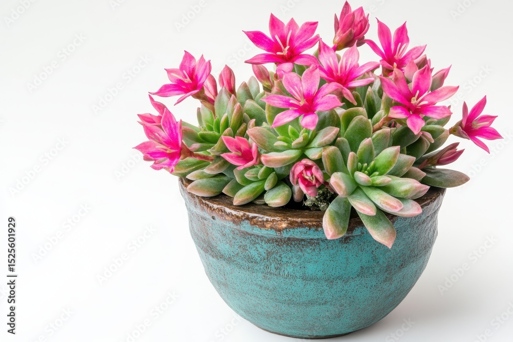 Obraz premium Pink blooming echeveria succulent in teal pot isolated on white background