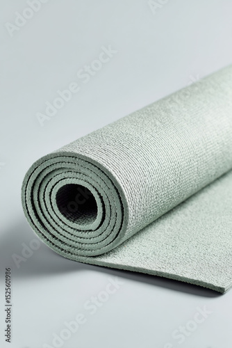 aesthetic composition of neatly folded pilates mat in soft mint green color centered against clean light gray