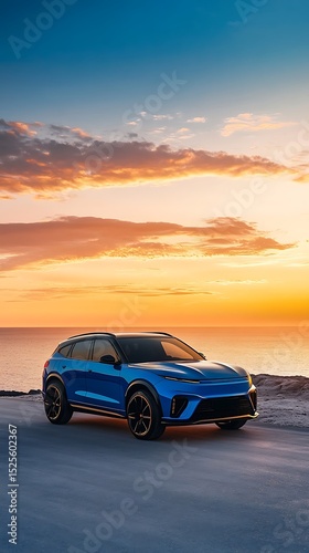 A blue suv parked near the ocean with a vibrant sunset and cloudy sky in the background at dusk hour