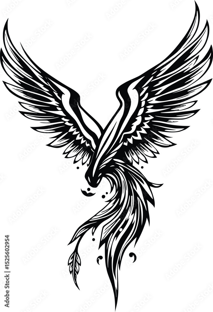 Obraz premium A stylized phoenix tattoo design with outstretched wings and a flowing tail, isolated on white background