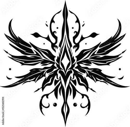 A striking black and white abstract tattoo design featuring stylized wings, isolated on white background