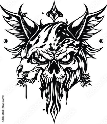 A fierce skull with eagle wings tattoo design, intricately detailed in black and white, isolated on white background