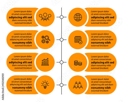 8 steps infographic template with 8 options. Flowchart that can be used for business report, data visualization and presentation. Timeline infographic elements vector illustration.