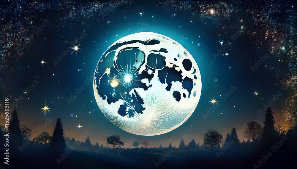 Naklejka premium full moon shining brightly in a dark sky dotted with stars