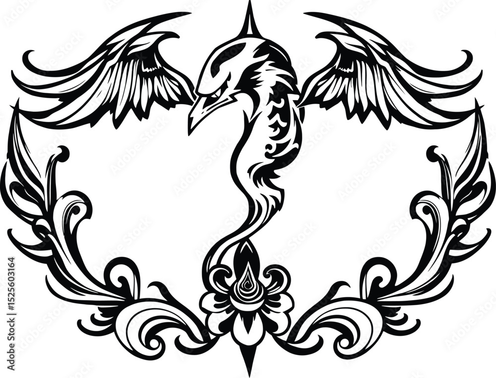 Obraz premium A stylized phoenix tattoo design with outstretched wings, surrounded by ornate floral elements, isolated on white background