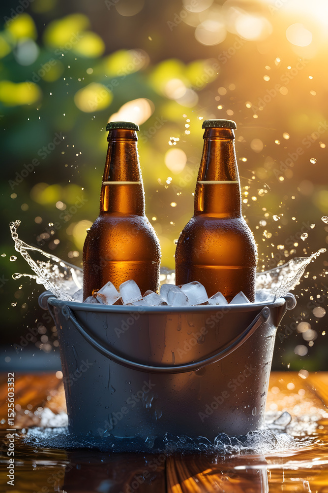 Fototapeta premium Cold beer bottle and glass with ice 