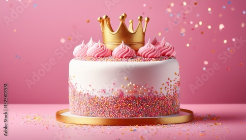 pink and white birthday cake with colorful sprinkles frosting and a golden crown on a pink background