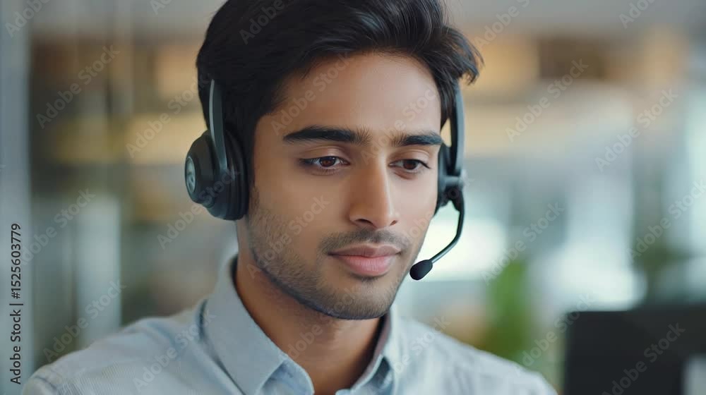 Young Man in Headset Engaged in Conversation