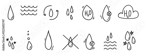 Water icons hand drawn set in doodle scribble style. Pure aqua resistant ecology drops. Clear Simple liquid minimalistic collection.