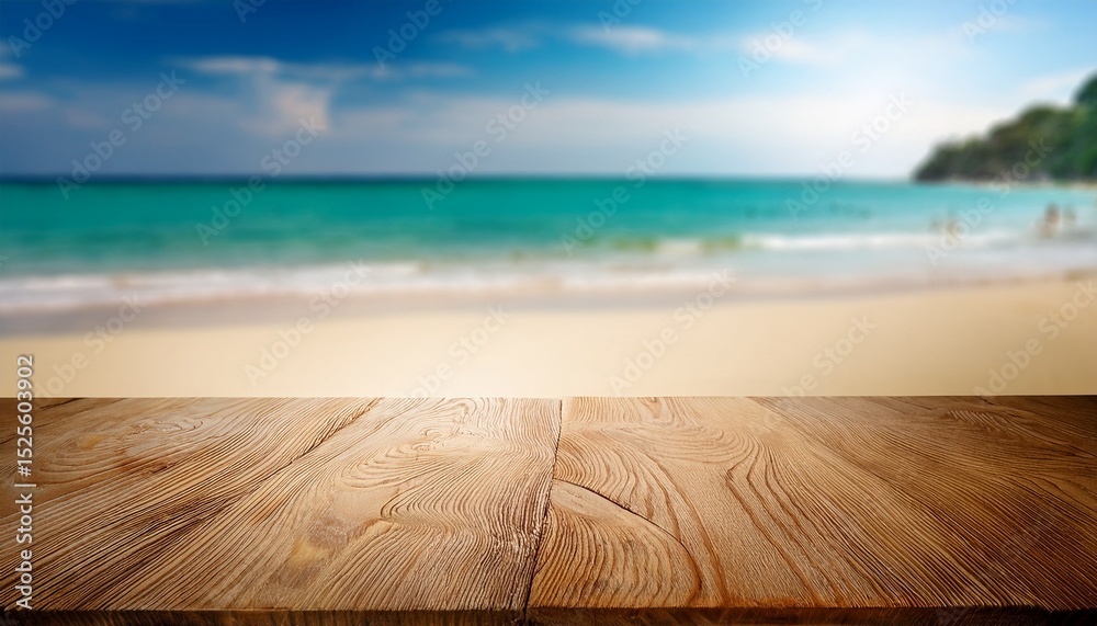 Fototapeta premium a serene beach scene with wooden table and blurred ocean background