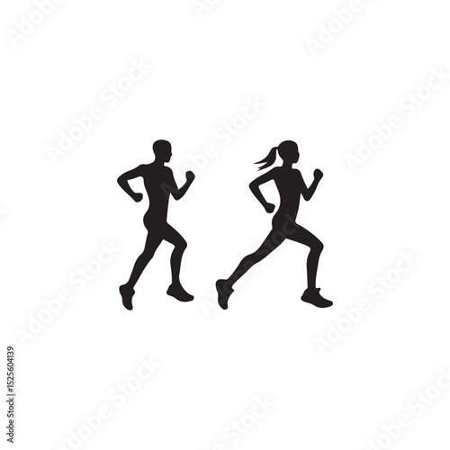 Silhouette of a man and woman running.A simple, clean silhouette of a man and a woman running.