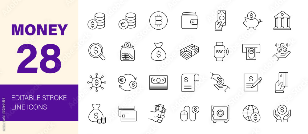 Money icon set. Containing payment, credit card, ATM, purchase, bill, coins in hand, wallet, bank, pay, dollar, Eurodollar, bitcoin and more. Editable line icons. Vector illustration.