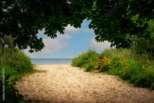 Fototapeta Naklejka Na Ścianę i Meble -  Beautiful morning on the Baltic Sea coast. Sandy forest road to the beach