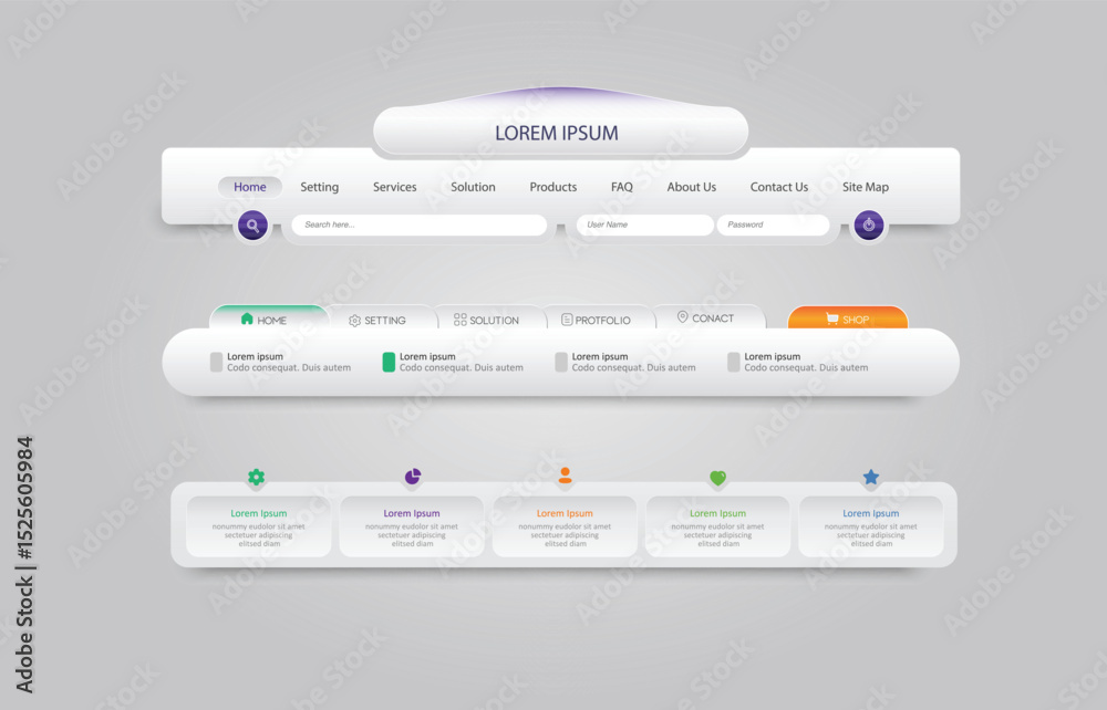 Vector illustration of navigation menu. Horizontal vector menu. UI element. Web Design Menu Navigation Bar Website Header Element Glossy and Matte.