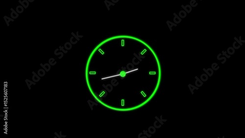 Neon green analog clock animation on a black background. Futuristic glowing design with smooth ticking motion, perfect for time, tech, or digital-themed video projects and presentations