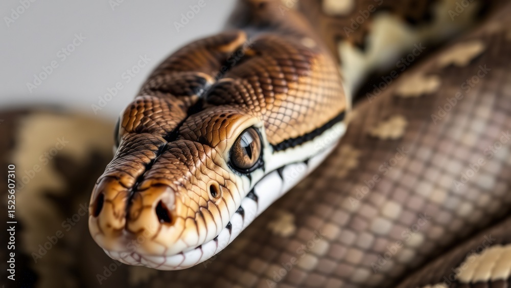 Obraz premium A detailed close-up of a snake, highlighting its intricate scales, piercing eyes, and unique textures. The mesmerizing patterns and vibrant colors create a striking and captivating visual.