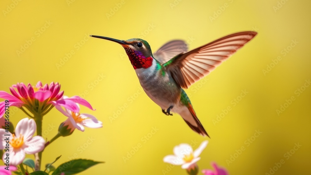 Fototapeta premium A hummingbird mid-flight, wings beating rapidly as it hovers near a flower. Its iridescent feathers shimmer in the sunlight, capturing the beauty and precision of nature’s tiniest aviator.