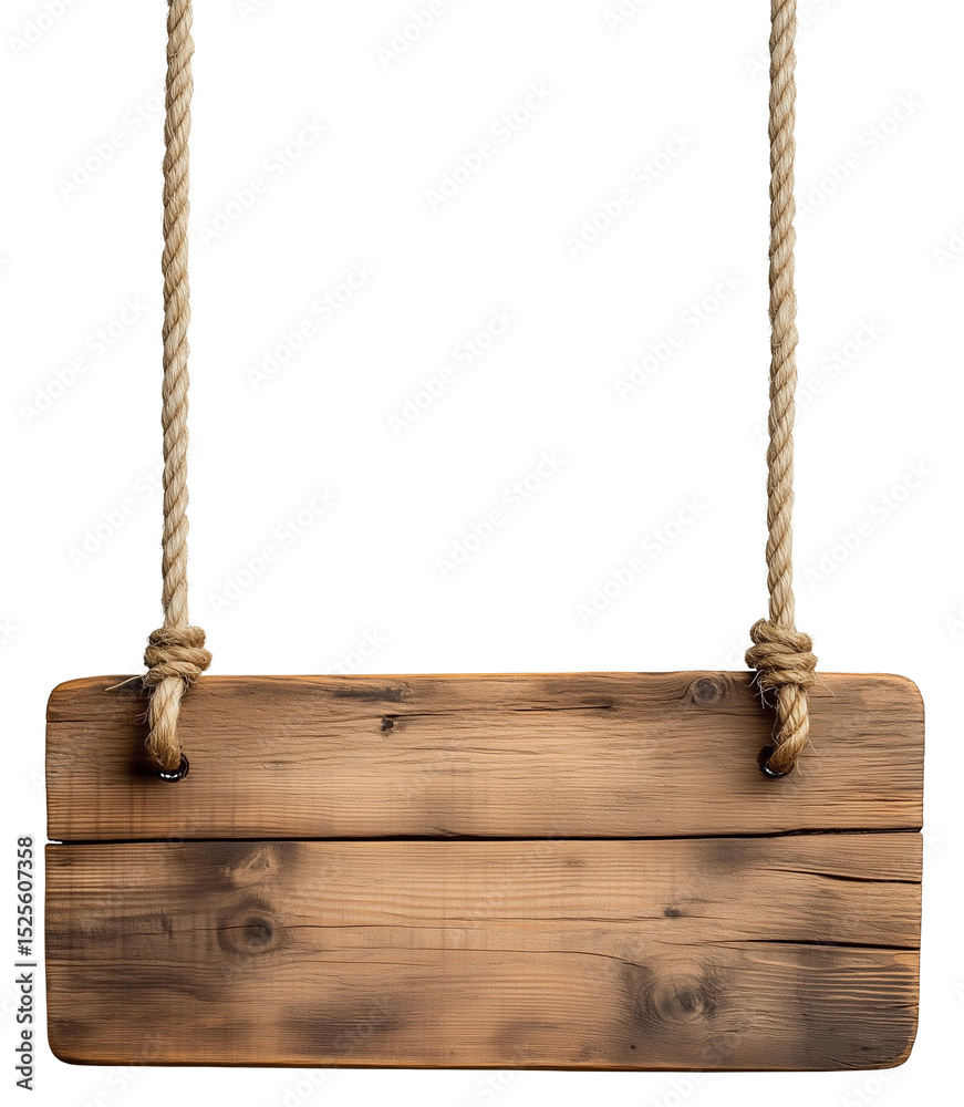 Ilustração, uma placa de madeira suspensa por cordas Ilustração, uma placa de madeira suspensa por cordas