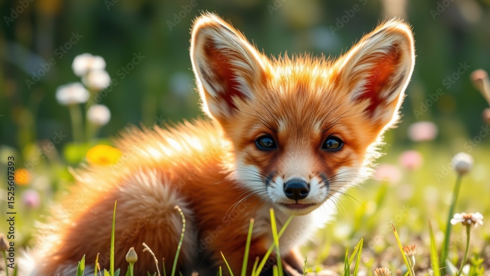 Obraz premium A curious red fox cub sits in lush green grass, its bright fur and alert eyes reflecting youthful energy. Surrounded by nature, it embodies the innocence and beauty of wildlife in its early stages.