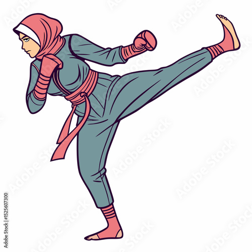 Female Martial Artist Performing a High Kick in Traditional Martial Arts Attire vector