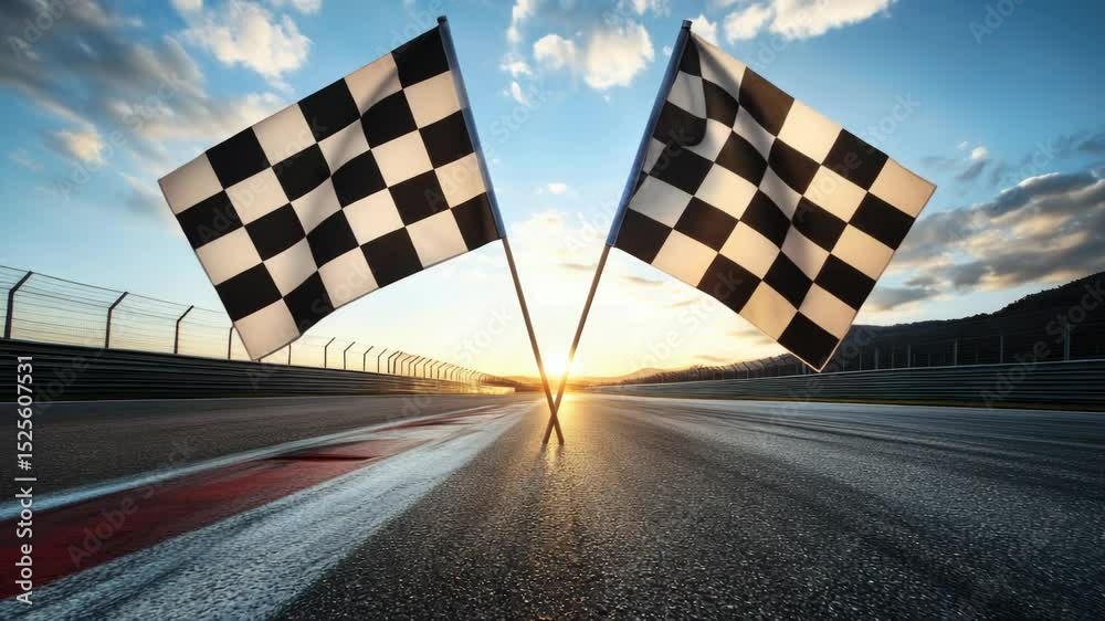 Two checkered flags standing at the finish line of a race track