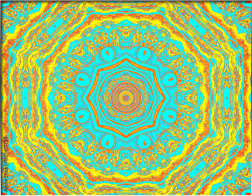 Vivid blue, yellow, and orange hues form a radiant kaleidoscopic pattern, creating intricate geometric symmetry. Resembling a mandala, its concentric repetition evokes harmony and balance.
