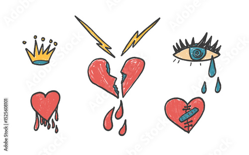 Broken hearts girly crayon drawn set. Breakup marker doodles isolated on white background. Love naive hand drawn painting elements. Vector heartbreak by pencil illustration.