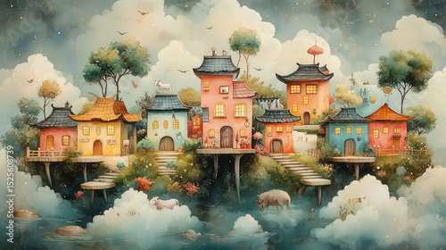 Watercolor illustration of a whimsical Chinese village floating on a cloud island, magical fantasy scene for children's storybook, mystery tale background, dreamy fairytale vibe