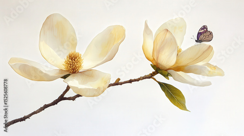 White magnolia in full bloom with cream and shimmering gold accents, with a little butterfly perched on the flower.