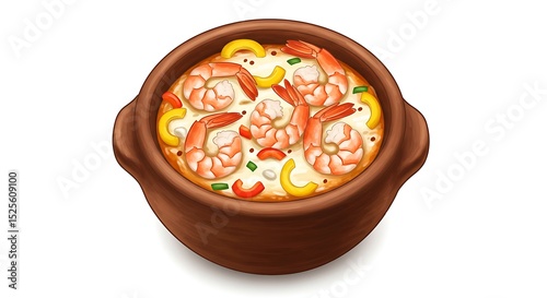 photo taken with a digital camera of moqueca baiana in a black clay pot with shrimp, coconut milk, peppers and cilantro, isolated on white background

