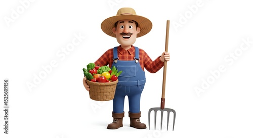A cartoon farmer holding a basket of colorful vegetables, wearing overalls, a plaid shirt, and a straw hat, standing next to a pitchfork, cheerful expression, white background, earthy vibrant tones

