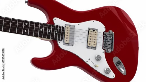 Detailed Red Electric Guitar with White Pickguard on White Background Close Up