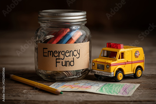 A clear jar labeled Emergency Fund sits on a rustic wooden table, mostly empty but filled with colorful pencils and coins. Beside it, a vintage toy ambulance rests atop a colorful child's drawing.