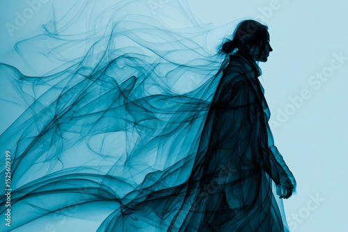 A long exposure shot of a lone figure in a billowing coat with smooth motion blur and intricate detail.