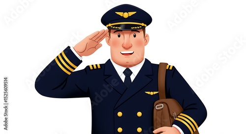 A cartoon airline pilot giving a friendly salute, dressed in a navy uniform with gold stripes on sleeves and peaked cap, holding flight bag, white background, bold and polished colors

