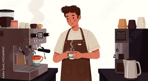 A cartoon barista making coffee at an espresso machine with steam rising, wearing a brown apron with light coffee stains, holding a colorful cup, white background, cozy and vibrant

