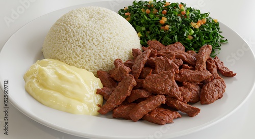 photo taken with a digital camera of carne de sol with macaxeira (cassava) and manteiga de garrafa, isolated on white background

