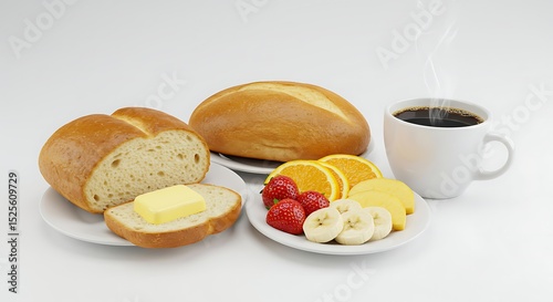 photo taken with a digital camera of a full Brazilian breakfast with pão francês, butter, coffee and fruits, isolated on white background

