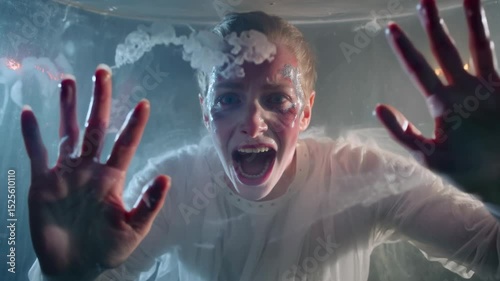 Horror Expression with Hands and Face Pressed on Fogged Glass