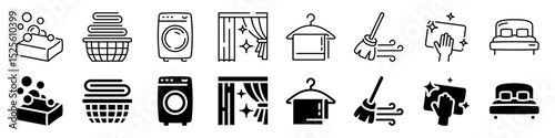 Laundry and home cleaning icon set. Linear and silhouette style.
